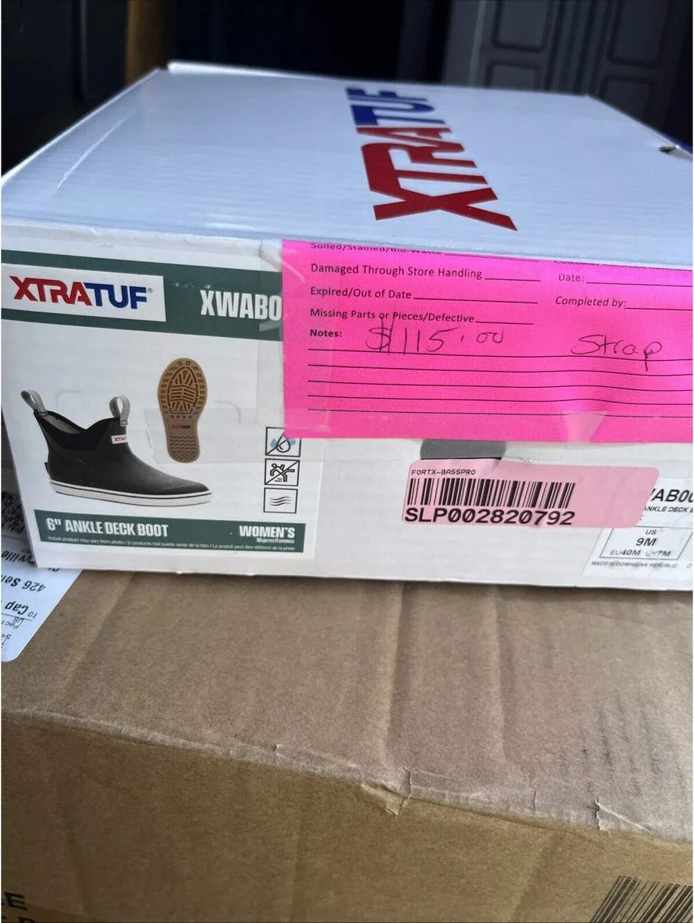 XTRATUF WOMEN'S ANKLE DECK BOOT Size 7 Black ( Right Shoe Broken Back Strap)